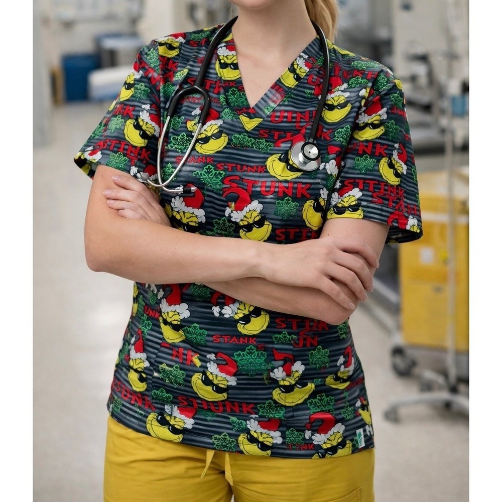 Dr Seuss The Grinch Stink‎ Stank Stunk Unisex Scrub Top Grey V-Neck Small